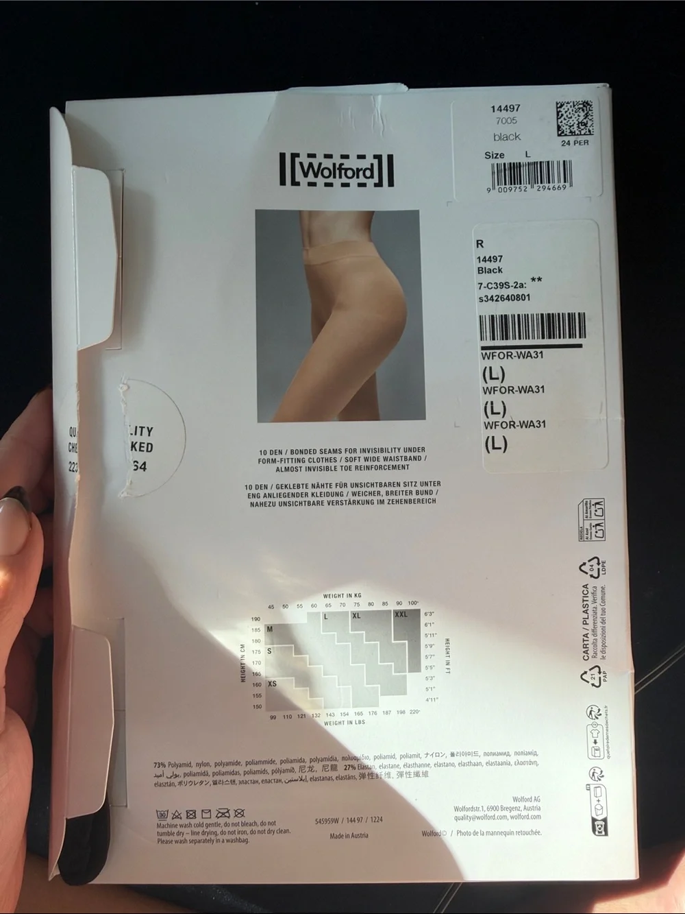 Wolford Pure 10 Tights | Ultra Sheer| 10 Den| Black | Large